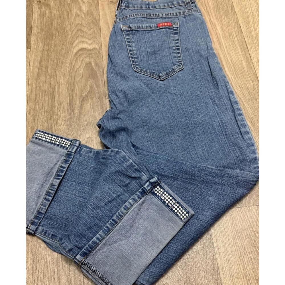 NYDJ Tummy Tuck Bedazzled Cuffed Capris Women 12 Blue Denim Cotton Stretch